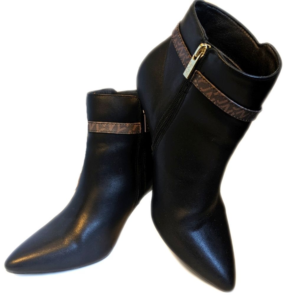 Jones New York black heeled Maryam booties, logo strap, faux leather 8.5